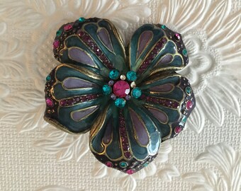 Broche de flor, Alfiler de flor, Broche floral, Alfiler floral, Broche de flor de diamantes de imitación, Alfiler de flor de diamantes de imitación, Broche de flor verde azulado, Broche llamativo