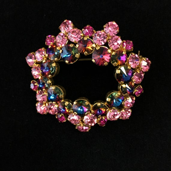 Pink rhinestone brooch, Vintage pink rhinestone br