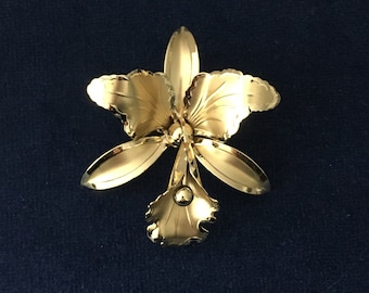 Flower brooch, Gold Flower brooch, Gold flower pin, Large flower brooch, Vintage flower brooch, Orchid brooch, Vintage orchid brooch, Brooch