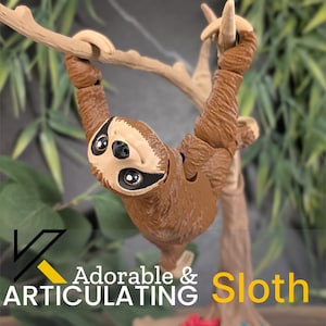 May include: A brown and tan articulated sloth toy hanging from a branch. The sloth has large, black eyes and a cute, smiling expression. The text "Adorable & ARTICULATING Sloth" is visible in the image.