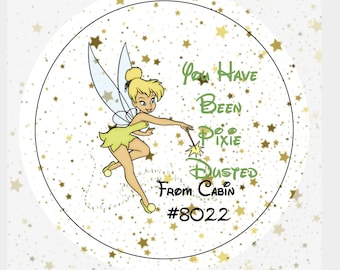 May include: A circular sticker featuring a cartoon fairy with blonde hair and a green dress, holding a wand. The background is white with gold star confetti. The text reads: You Have Been Pixie Dusted From Cabin #8022 in green and black.