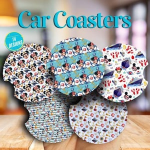 May include: Five circular car coasters featuring various nautical-themed patterns with cartoon characters, anchors, cruise ships, and life preservers. The text "Car Coasters" and a circular badge stating "14 DESIGNS" are visible at the top of the image.
