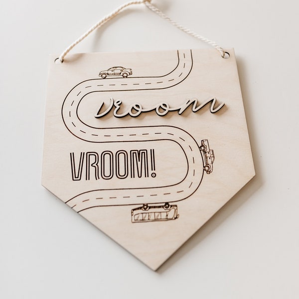 VROOM hanging pendant Sign Boys toddler baby nursery decor monochrome boho black and white laser cut and engraved playroom cars decor