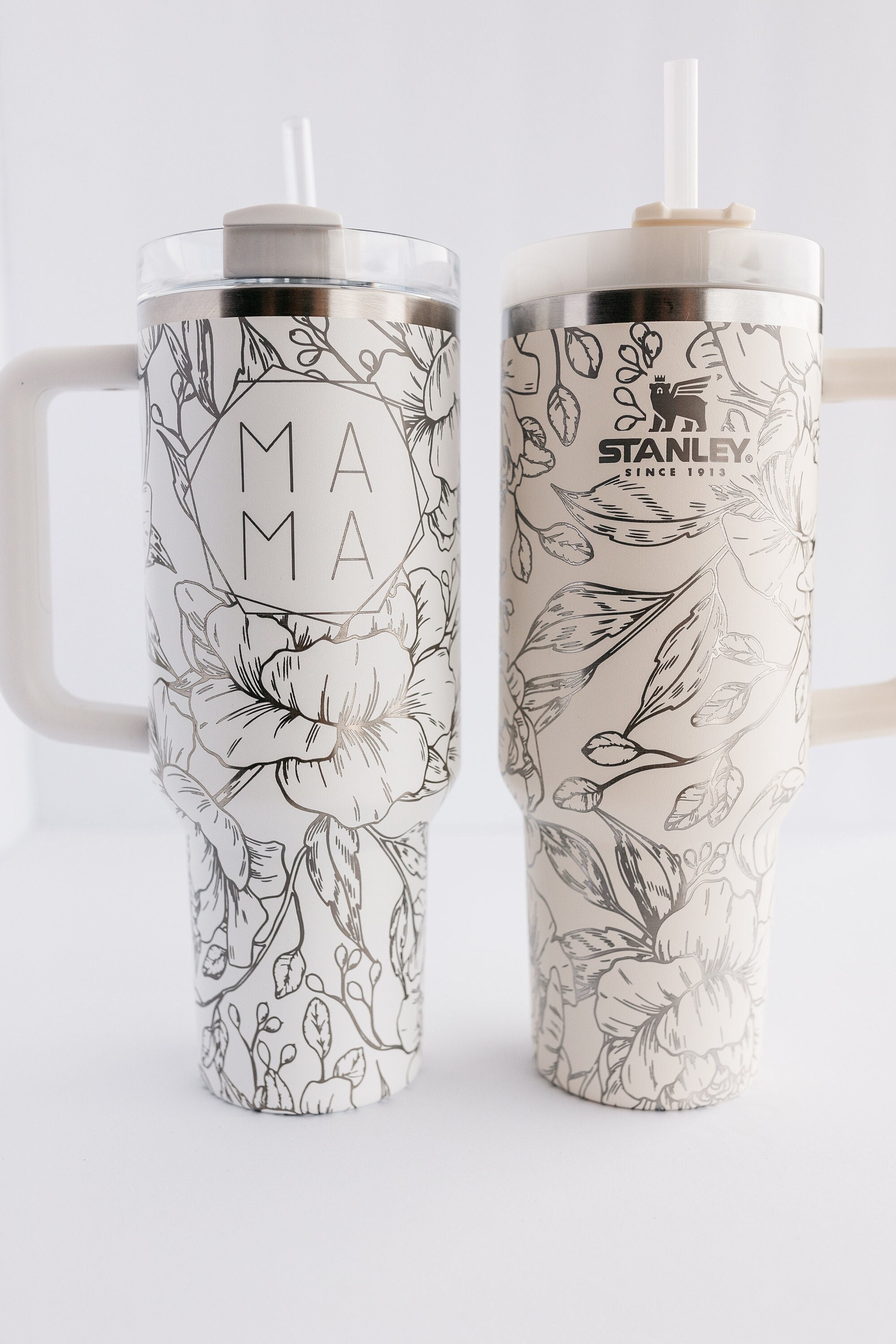 Stanley 40oz Tumbler Engraved With MAMA in Hexagon & Peonies Design 