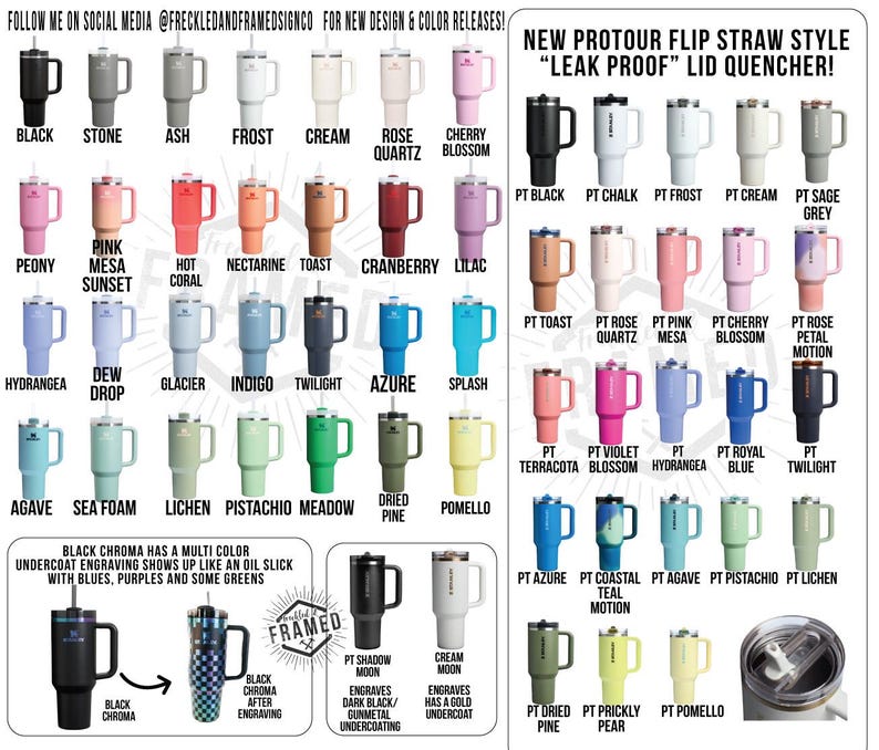 Pu&ograve; includere: Una variet&agrave; di bicchieri isolati con coperchi a cannuccia ribaltabili in vari colori, tra cui nero, rosa, blu e verde. L'immagine mostra anche il testo "NEW PROTOUR FLIP STRAW STYLE 'LEAK PROOF' LID QUENCHER!"