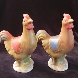 Vintage Pair of Unique Glazed Ceramic Rooster Figurines