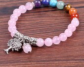 Rose Quartz Chakra Balance Healing Natural Crystal with Tree Of Life Pendant Bracelet