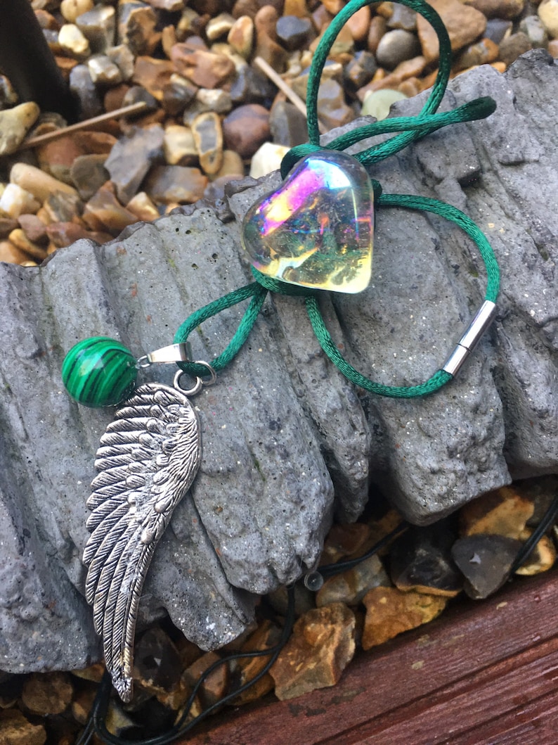 Malachite Crystal Dome with Silver Alloy Angel Wing Green Satin Ribbon Rope Necklace Handmade.