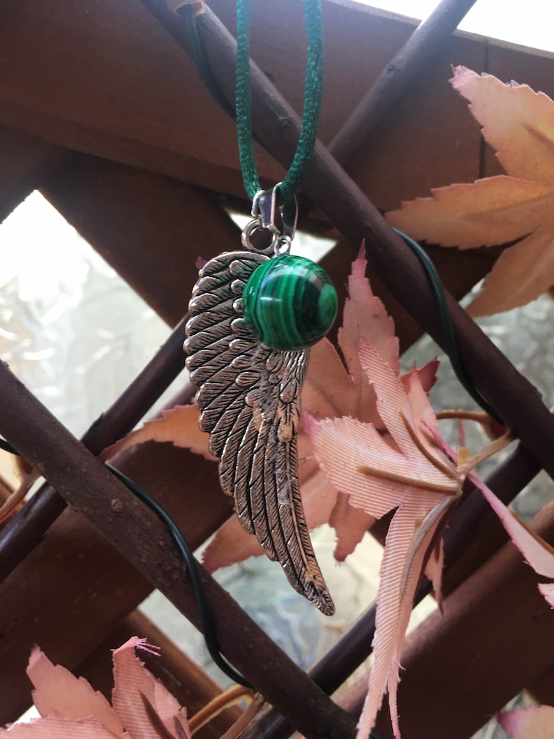Malachite Crystal Dome with Silver Alloy Angel Wing Green Satin Ribbon Rope Necklace Handmade.