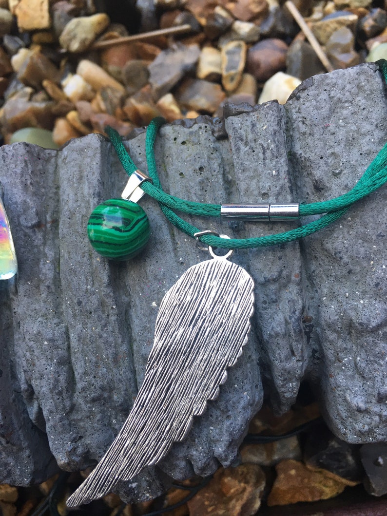 Malachite Crystal Dome with Silver Alloy Angel Wing Green Satin Ribbon Rope Necklace Handmade.