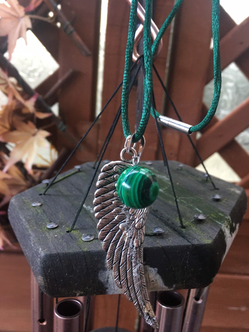 Malachite Crystal Dome with Silver Alloy Angel Wing Green Satin Ribbon Rope Necklace Handmade.