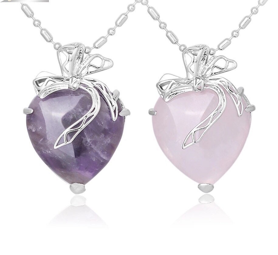 Crystal Heart Drop Pendant Necklace choices Amethyst Etsy