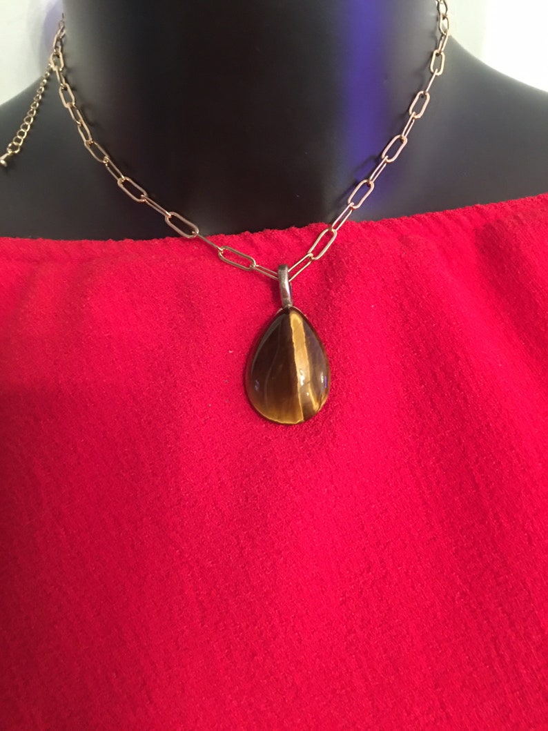 Tigers Eye Tear Choker Chain Pendant Gold Lightweight Alloy Adjustable.