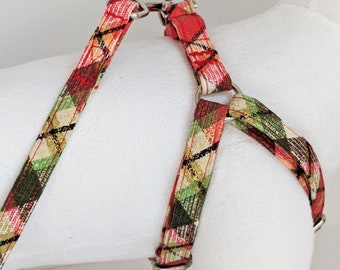 Christmas Dog Harness & (optional) Leash - Red and Green Plaid Fabric Dog Harness with Golden Glitter- Girl or Boy Dog Harness