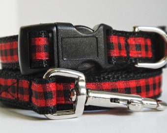 Small Christmas Dog Collar and (optional) Leash - Red and Black Lumberjack Plaid Puppy Collar - Lightweight Buffalo Plaid Dog Collar