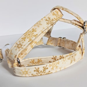 Small Winter Fabric Dog Harness  & (optional) Leash-Tan Dog Harness with Golden Snowflakes-Lightweight Step In Dog Harness-Boy  Girl Harness