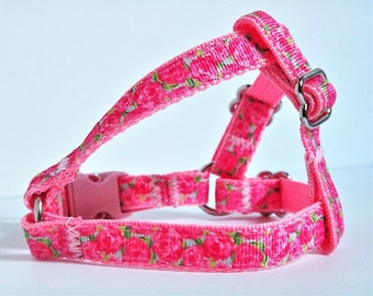 Small Dog /Puppy Harness  & (optional) Leash- Lightweight Pink Step In Dog Harness with Flowers- Toy Poodle, Chihuahua, Yorkies