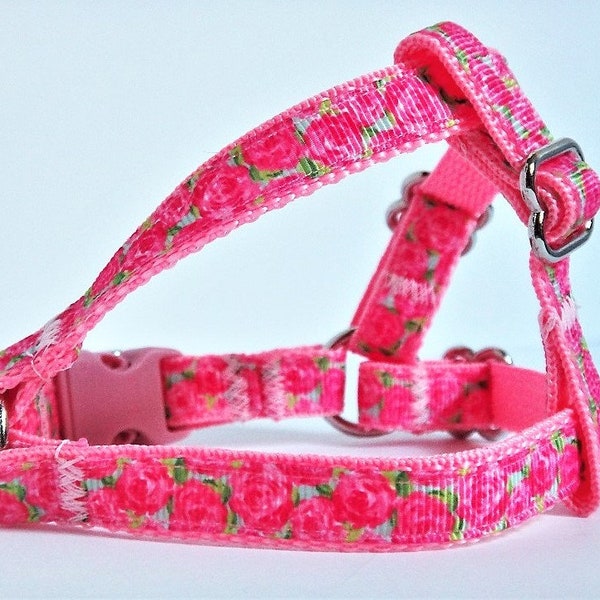 Small Dog Harness  & (optional) Leash- Lightweight Step In Dog Harness - Pink Dog Harness with Flowers- Toy Poodle, Chihuahua, Yorkies