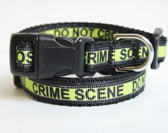 Small Dog Collar - Puppy Collar - Crime Scene Police Line Pet Collar with Breakaway Buckle and Removable Bell - Yellow Cat Collar