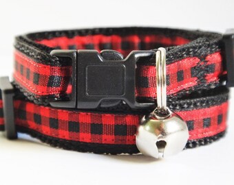 Christmas /  Winter Cat Collar - Lumberjack Plaid Kitten Collar -  Red and Black Buffalo Plaid Cat Collar - Boy or Girl Cat Collar