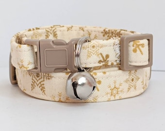 Snowflake Cat Collar - Winter / Christmas / Holiday Kitten Collar with Snowflakes - Boy or Girl Winter Cat Collar with Removable Bell - Gold