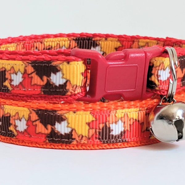 Fall Cat Collar - Kitten Collar - Autumn Leaves Pet Collar with Breakaway Buckle and Removable Bell - Orange, Red , Yellow Cat Collar