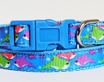 Small Dog Collar and (optional) Leash - Shark Puppy Collar -  Boy Dog Collar with Sharks - Teacup Yorkie, Toy Poodle and other Tiny Breeds