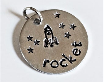 Small Dog Tag - Cat Tag - Rocket and Stars Pet ID Tag - Celestial Themed Pet Tag - Spaceship Aluminum Collar Tag 7/8" Round