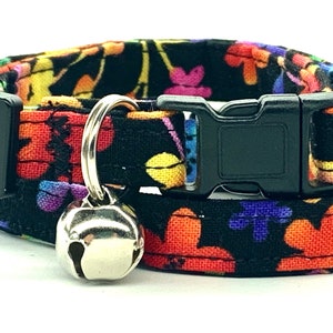 Pretty Floral Cat Collar - Bright Girl Kitten or Cat Collar with Rainbow Flowers - Fabric Breakaway Buckle and Removable Bell