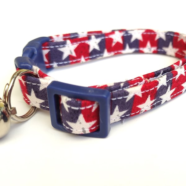 Patriotic Fabric Cat Collar- Red, White and Blue Stars and Stripes Kitten Collar -Breakaway Cat Collar & Removable Bell