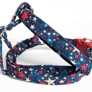 Small Fabric Dog Harness  & (optional) Leash - Red, White and Blue Dog Harness with Stars- Boy or Girl Lightweight Step In Dog Harness