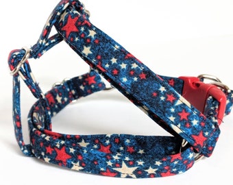 Small Fabric Dog Harness  & (optional) Leash - Red, White and Blue Dog Harness with Stars- Boy or Girl Lightweight Step In Dog Harness