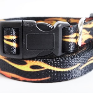 Small Dog Collar and (optional) Leash - Black Dog Collar with Yellow Flames - Boy Dog Collar - Silky Smooth Dog or Puppy Collar