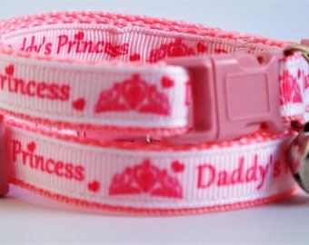 Girl Cat Collar - Kitten Collar - Daddy's Princess Tiara Pet Collar with Breakaway Buckle and Removable Bell - Pink Cat Collar