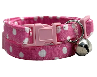 Fabric Polka Dot Cat or Kitten Collar- Pretty Pink Cat Collar with Breakaway Buckle and Removable Bell