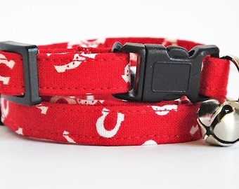 Boy Cat Collar - Kitten Collar-Red Pet Collar with Horseshoes-Cat Collar with Breakaway Buckle & Removable Bell-Red and White Cat Collar