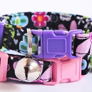 Fabric Cat Collar - Kitten Collar - Colorful Cat Collar with Flowers - Breakaway Buckle and Removable Bell-Black, Pink and Purple Cat Collar