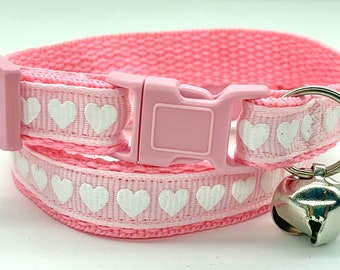 Pink Girl Cat or Kitten Collar with White Hearte - Valentine Cat Collar with Breakaway Buckle and Removable Bell