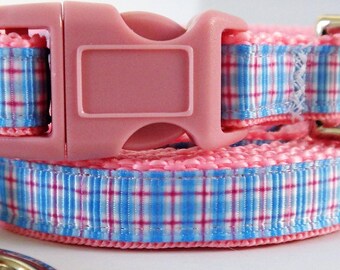 Small Dog Collar and (optional) Leash - Puppy Collar -  Pink and Blue Plaid Girl Dog Collar -Teacup Yorkie, Toy Poodle and other Tiny Breeds