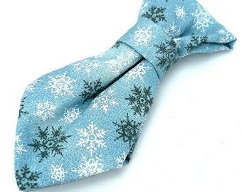 Small Dog or Cat Necktie with Glittery Snowflakes - Blue Slide-on Collar Necktie for Winter