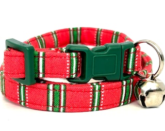 Christmas Cat or Kitten Collar-Red and Green Striped Cat Collar for a Girl or Boy-Red and Green Breakaway Cat Collar with Removable Bell
