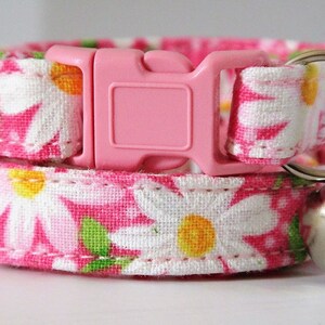 May include: Pink cat collar with a white daisy print and a silver bell. The collar has a pink plastic buckle.