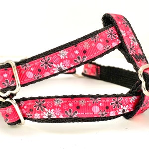 Small Floral Dog Harness  & (optional) Leash- Lightweight Black and Pink Step In Dog Harness with Flowers - Toy Poodle, Chihuahua, Yorkies