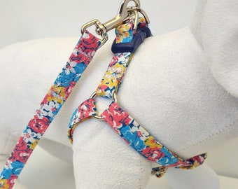 Small Dog Harness  & (optional) Leash-Blue Pink and Yellow Floral Step-In Fabric Dog Harness-Girl Dog Harness -Toy Poodle, Chihuahua, Yorkie