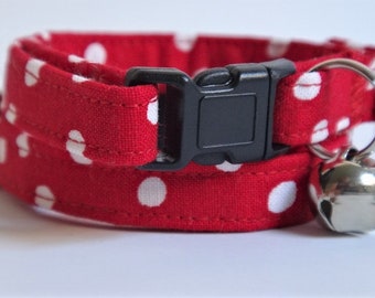 Fabric Cat Collar - Kitten Collar - Red and White Polka Dot Cat Collar - Girl Cat Collar-Breakaway Buckle and Removable Bell- Red Cat Collar