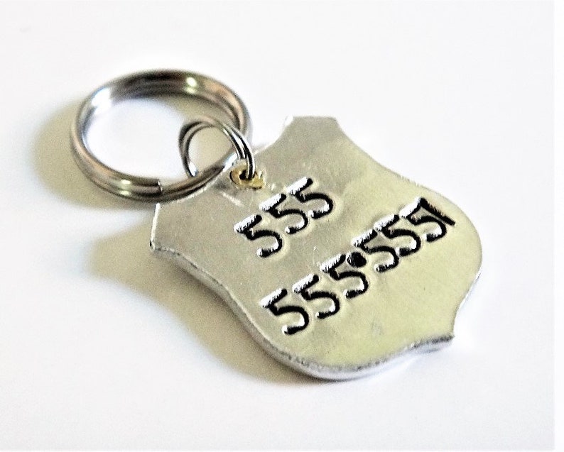 May include: A silver-colored, shield-shaped pet tag with the numbers "555" and "5555551" stamped on it. The tag is attached to a silver split ring. The tag is likely for a dog or cat.