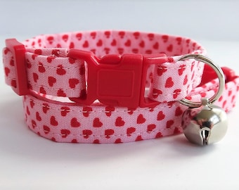Valentines Cat Collar - Pink Fabric Kitten Collar with Tiny Red Hearts- Girl Cat Collar-Breakaway Buckle and Removable Bell- Pink Cat Collar