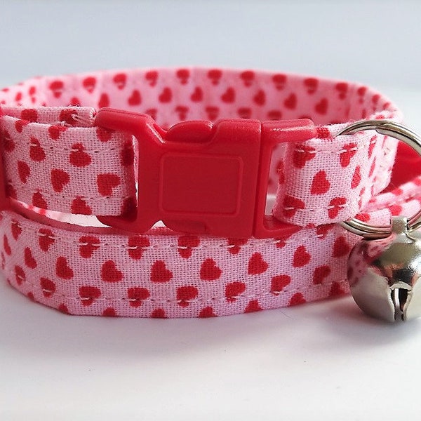 Valentines Cat Collar - Pink Fabric Kitten Collar with Tiny Red Hearts- Girl Cat Collar-Breakaway Buckle and Removable Bell- Pink Cat Collar