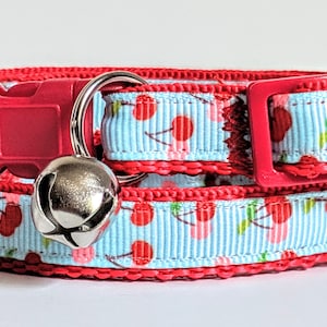 Cherry Cat Collar - Fruit Kitten Collar - Cat Collar with Breakaway Buckle and Removable Bell - Red and Pink Cherry Cat Collar