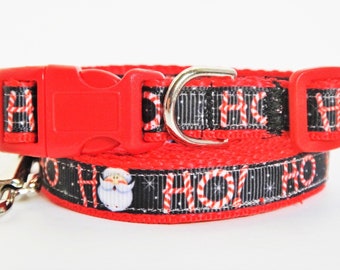 Small Christmas Dog Collar and (optional) Leash - Red and Black Candy Cane Striped HO HO HO  Collar- Lightweight Holiday Dog Collar